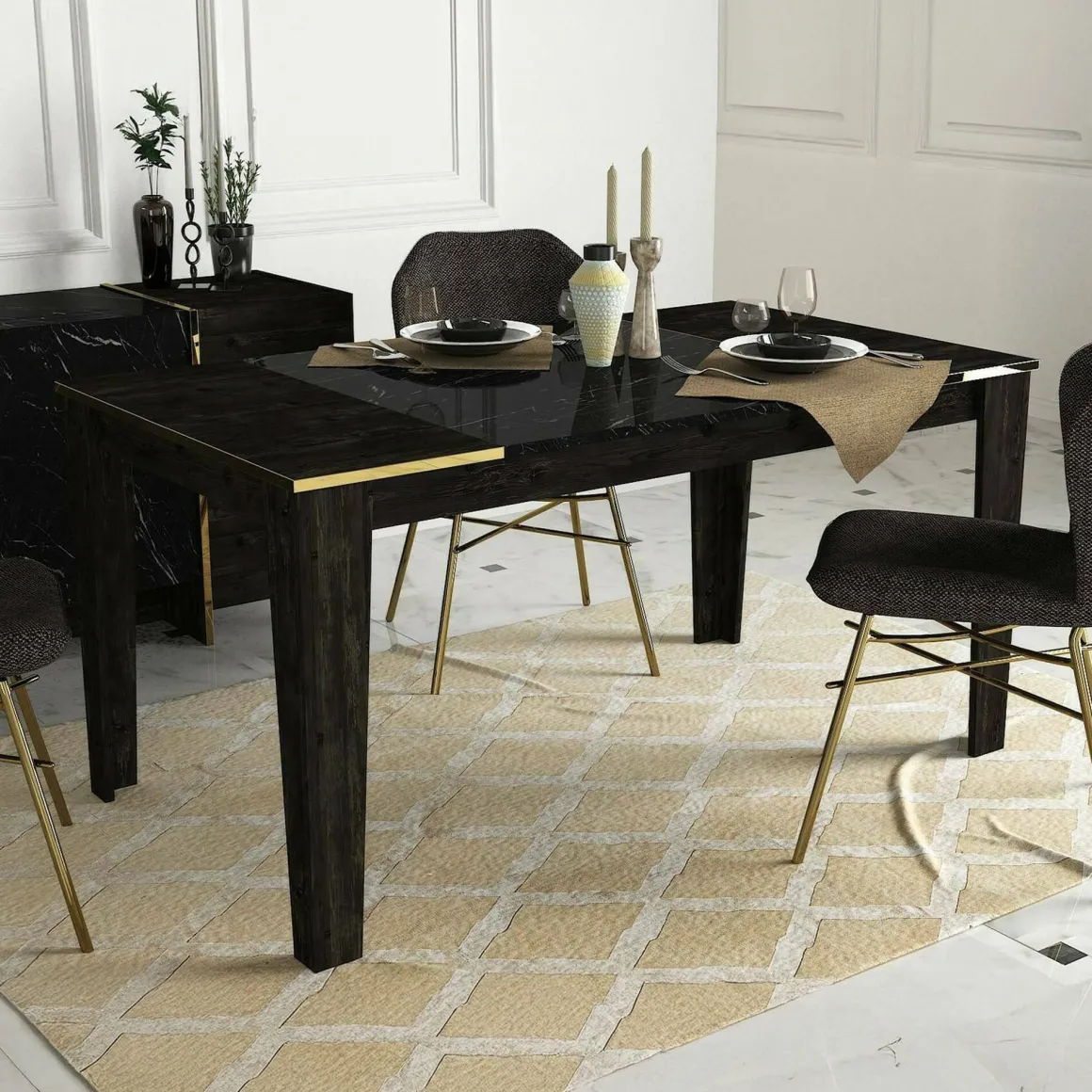 Tavolo elegante rettangolare 8 posti nero e oro 145x85cm - Asciano