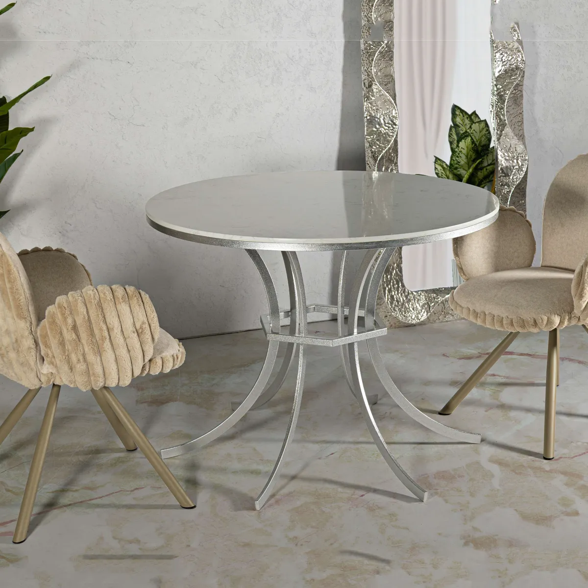 Tavoli Fissi > Dmora Tavolo Fisso Bianco Marmo Argento 2 Posti Piano Effetto Marmo 100x100x77h cm, Forma Rotondo - Otmar Argento, Bianco Marmo