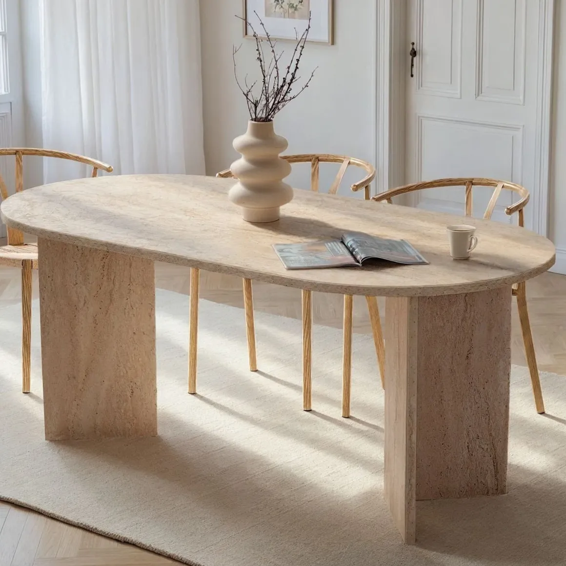 Tavolo Fisso Bianco Marmo 6 Posti Forma Ovale 180x89.5x75h cm, Peso Supportato 70 kg - Monterano
