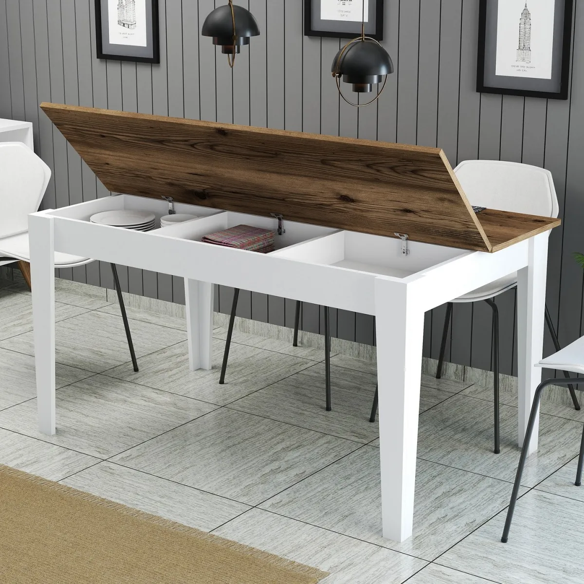 Tavoli Fissi > Dmora Tavolo Fisso Bianco Marrone Noce 6 Posti Forma Rettangolare 145x88x75h cm, Peso Supportato 120 kg - Sicura Marrone, Bianco Noce