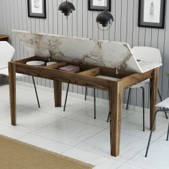 Tavolo Fisso Marrone Noce Bianco Marmo 6 Posti Forma Rettangolare 145x88x75h cm, Peso Supportato 120 kg - Viverone
