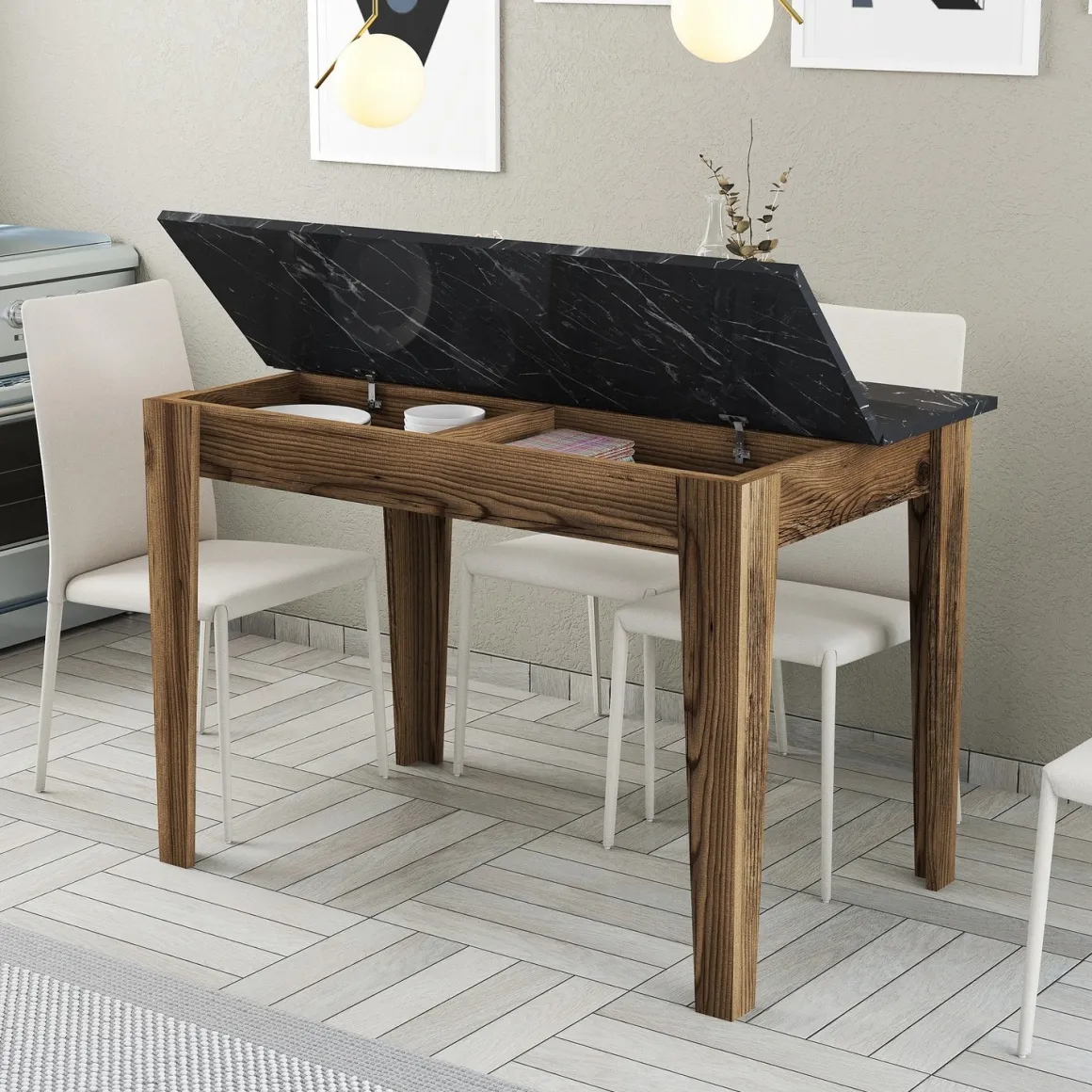Tavoli Fissi > Dmora Tavolo Fisso Marrone Noce Nero Marmo 6 Posti Forma Rettangolare 145x88x75h cm, Peso Supportato 120 kg - Viverone Nero Marmo, Marrone Noce