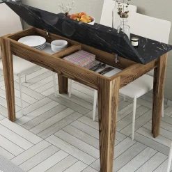 Tavoli Fissi > Dmora Tavolo Fisso Marrone Noce Nero Marmo 6 Posti Forma Rettangolare 145x88x75h cm, Peso Supportato 120 kg - Viverone Nero Marmo, Marrone Noce