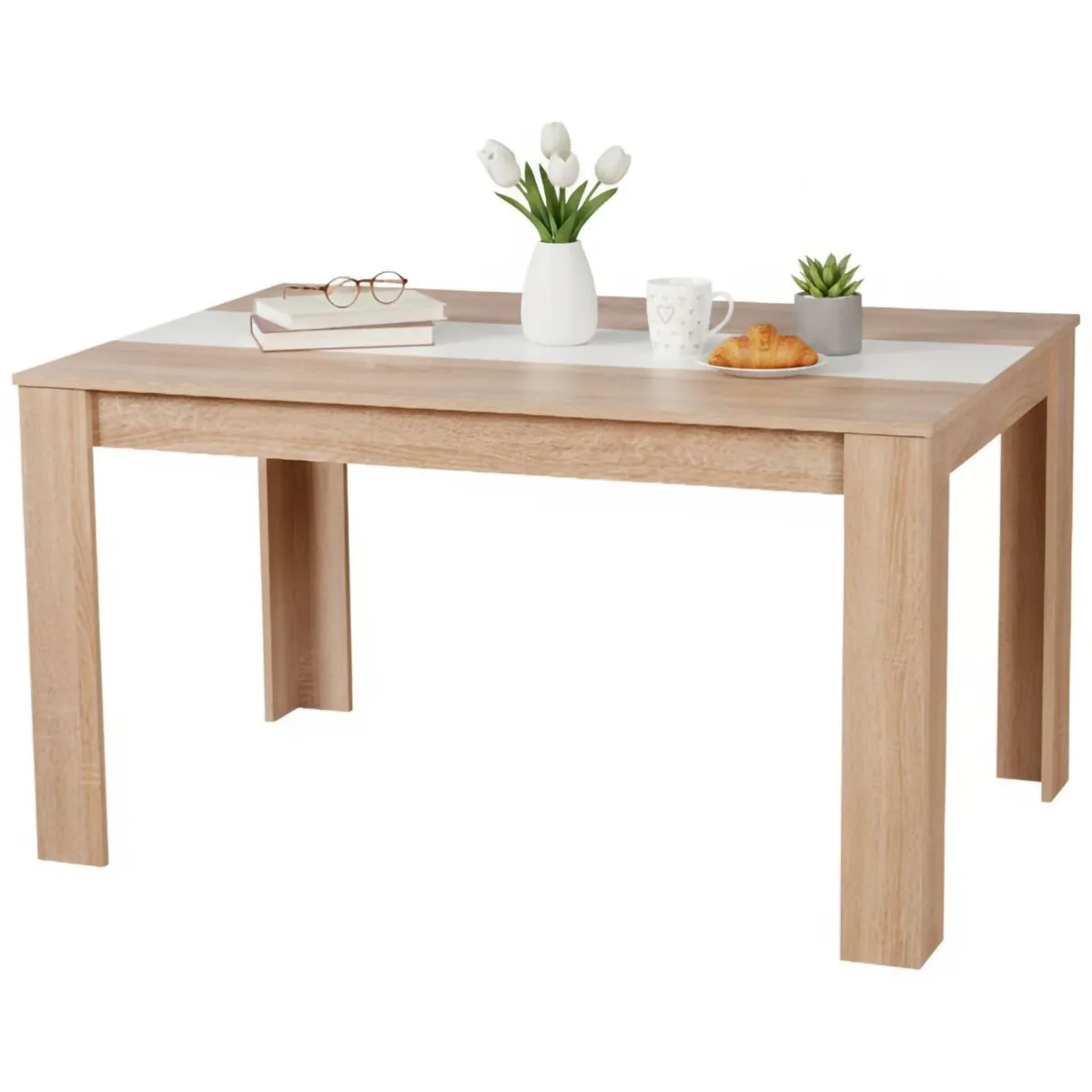 Tavoli Fissi > Dmora Tavolo Fisso Marrone Rovere Bianco 6 Posti Forma Rettangolare 135x80.5x74.5h cm, Colore Struttura Bianco - Simala Bianco, Marrone Rovere