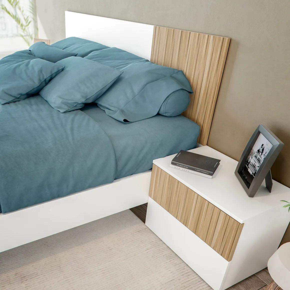 Testiera letto Armony, 266x34h89 cm, Bianco e Rovere