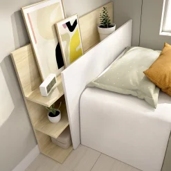 Testiera Letto Bianco Marrone Rovere Vani Libreria Singolo 19x105 cm, Colore Struttura Marrone - Minden