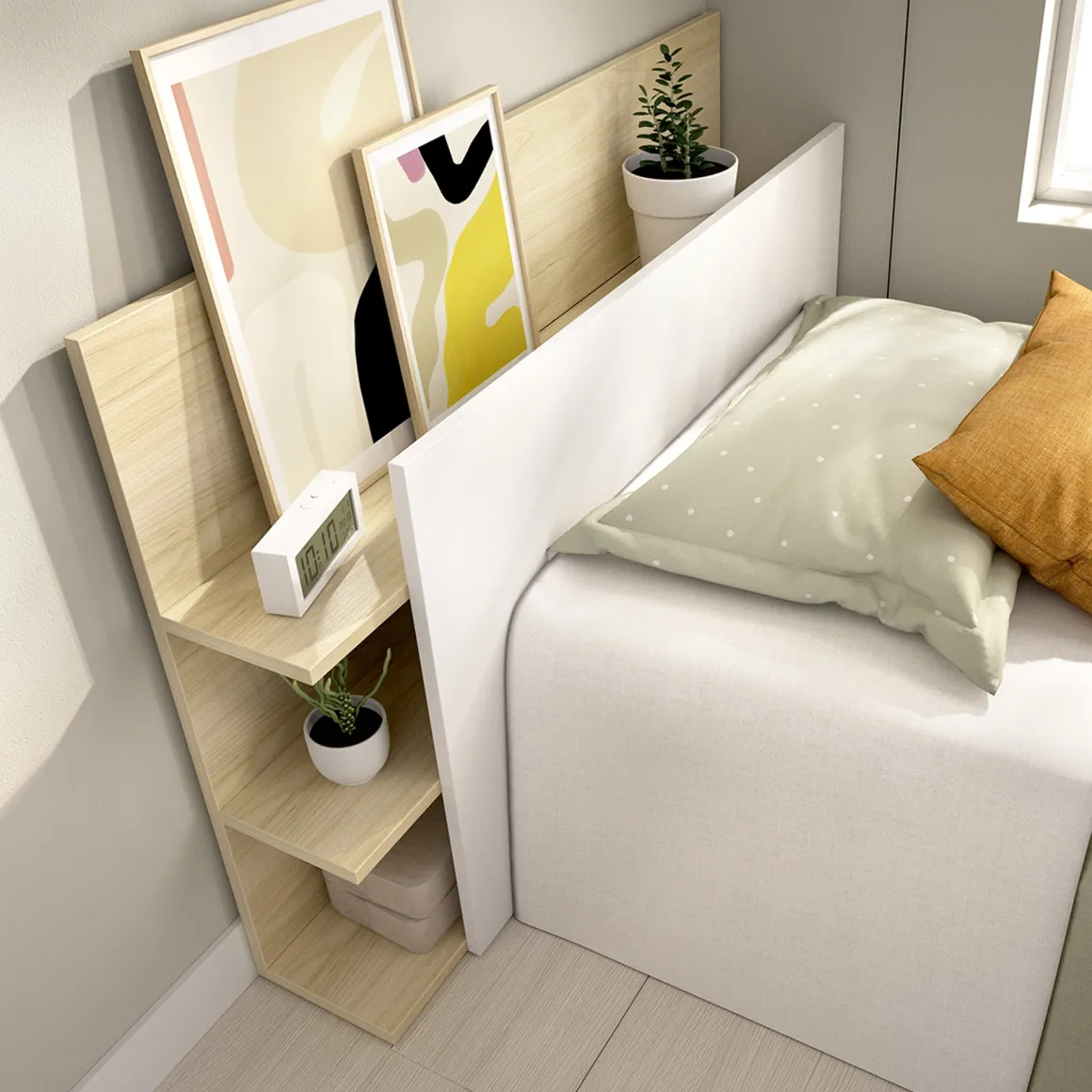 Testiera Letto Bianco Marrone Rovere Vani Libreria Singolo 19x105 cm, Colore Struttura Marrone - Minden