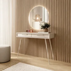 Toelette Trucco > Dmora Toeletta 2 Cassetti Sfumatura Colore Ripiano Cashmere 187x40x52h cm, Materiale Struttura in Metallo - Katilaka Beige Cashmere