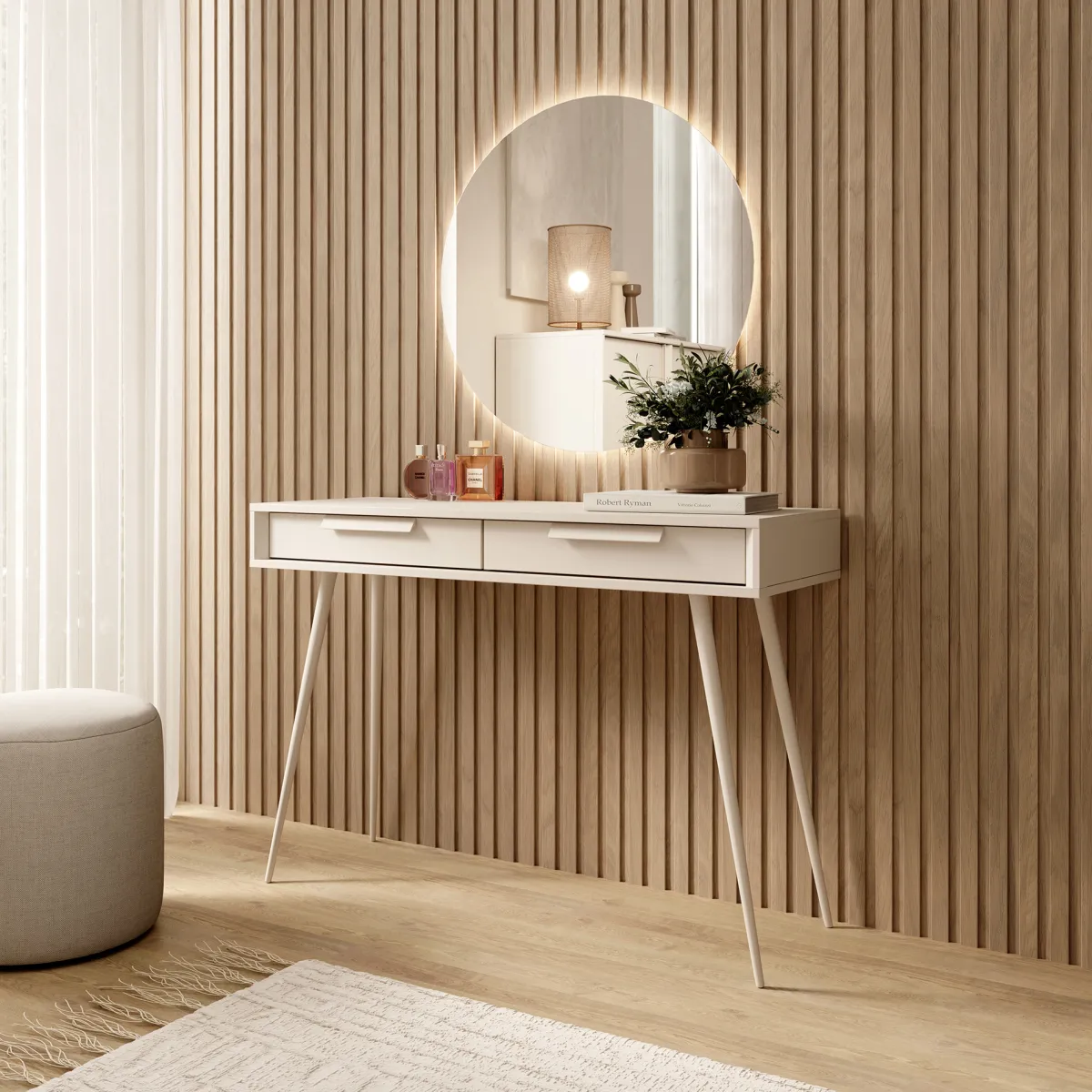 Toelette Trucco > Dmora Toeletta 2 Cassetti Sfumatura Colore Ripiano Cashmere 187x40x52h cm, Materiale Struttura in Metallo - Katilaka Beige Cashmere