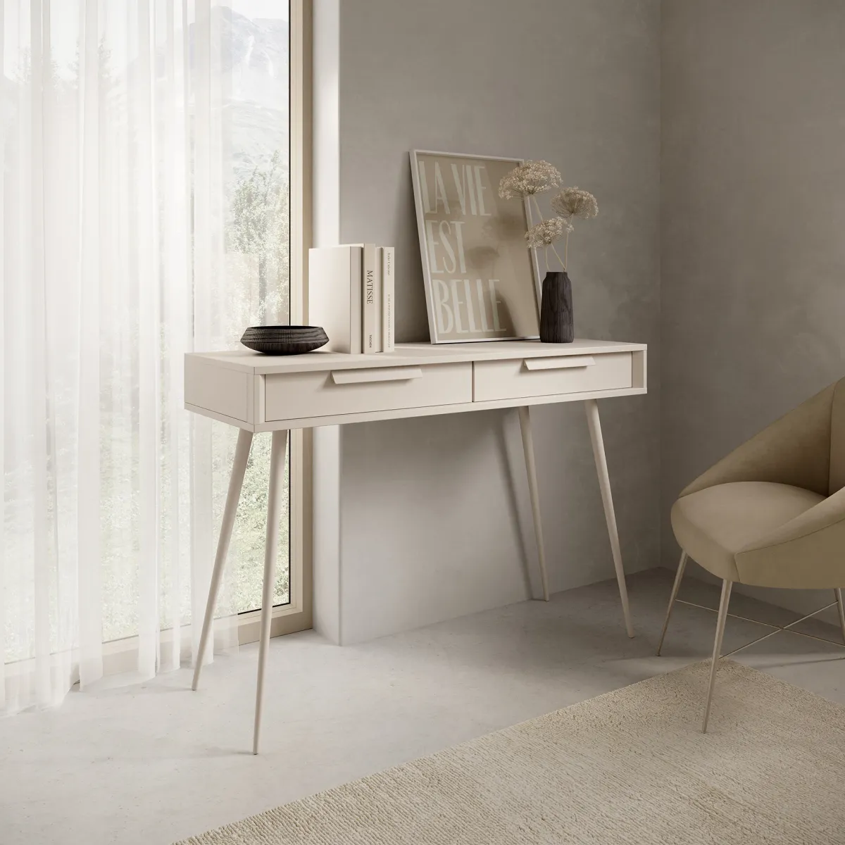 Toelette Trucco > Dmora Toeletta 2 Cassetti Sfumatura Colore Ripiano Cashmere 187x40x52h cm, Materiale Struttura in Metallo - Katilaka Beige Cashmere