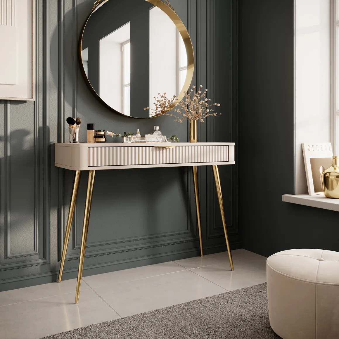 Toeletta Beige oro un Cassetto Materiale Struttura in Metallo 100x38x78h cm, Materiale Piano in Legno Nobilitato - Katerara