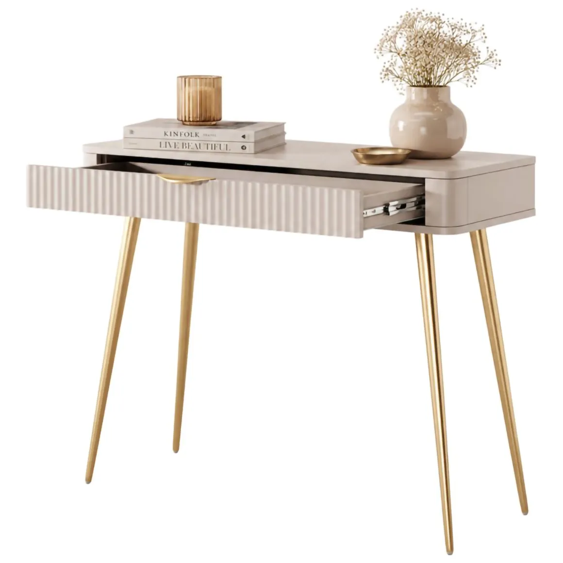 Toeletta Beige oro un Cassetto Materiale Struttura in Metallo 100x38x78h cm, Materiale Piano in Legno Nobilitato - Katerara