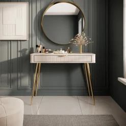 Toeletta Beige oro un Cassetto Materiale Struttura in Metallo 100x38x78h cm, Materiale Piano in Legno Nobilitato - Katerara