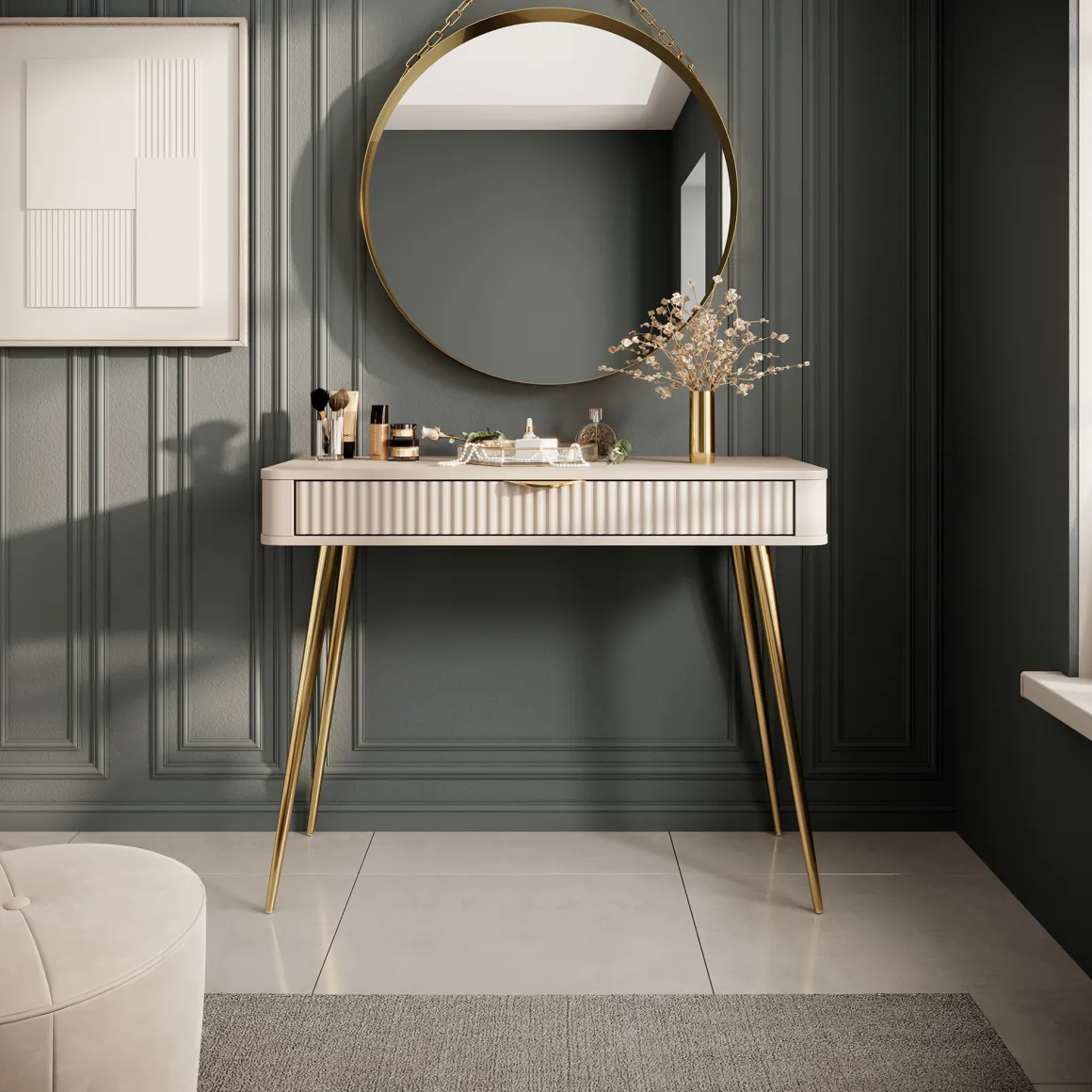 Toeletta Beige oro un Cassetto Materiale Struttura in Metallo 100x38x78h cm, Materiale Piano in Legno Nobilitato - Katerara