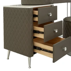 Toeletta Bianco Marmo Grigio Tortora 4 Cassetti Finitura Simil Pelle Trapuntata con Dettagli Argento, top Effetto Marmo 120x40x75h cm, - Tafrao
