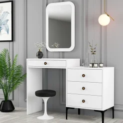 Toeletta Bianco Marrone Noce Specchio Incluso 4 Cassetti 124x40x85h cm, con Piedini - Meltina