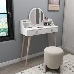 Toelette Trucco > Dmora Toeletta Bianco Marrone Rovere Specchio Incluso 2 Cassetti 90x35x131h cm, Colore Struttura Marrone - Isernia Marrone, Bianco Rovere