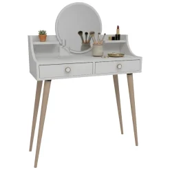 Toelette Trucco > Dmora Toeletta Bianco Marrone Rovere Specchio Incluso 2 Cassetti 90x35x131h cm, Colore Struttura Marrone - Isernia Marrone, Bianco Rovere