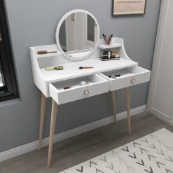 Toelette Trucco > Dmora Toeletta Bianco Marrone Rovere Specchio Incluso 2 Cassetti 90x35x131h cm, Colore Struttura Marrone - Isernia Marrone, Bianco Rovere