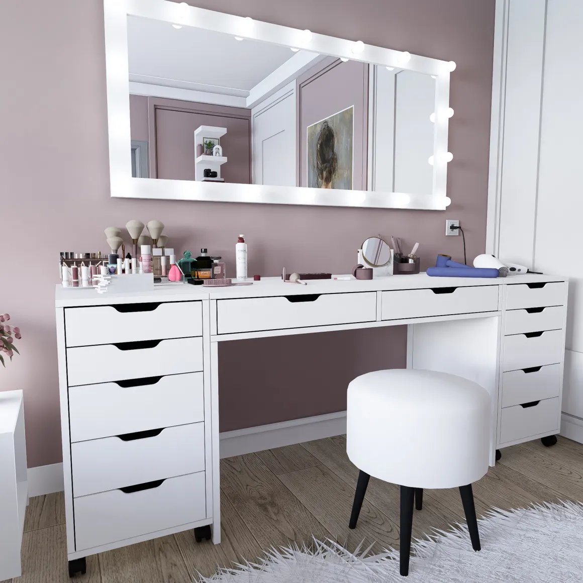 Toelette Trucco > Dmora Toeletta Bianco Nero Specchio Incluso 2 Cassetti 103x40x112h cm, Colore Struttura Nero - Longhena Nero, Bianco
