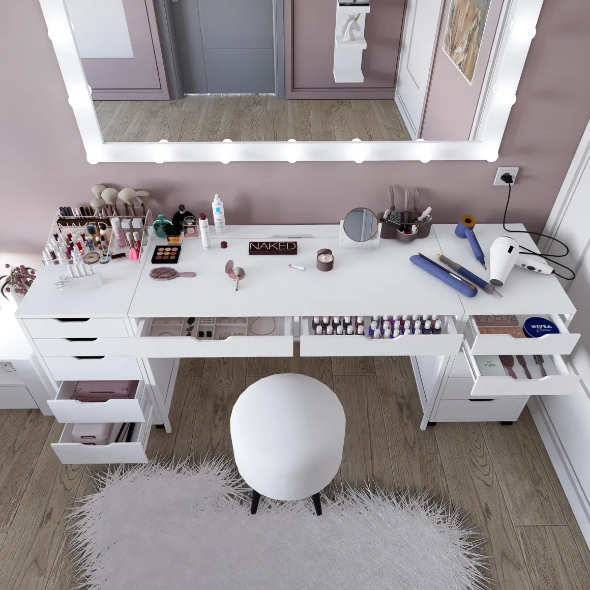 Toelette Trucco > Dmora Toeletta Bianco Nero Specchio Incluso 2 Cassetti 103x40x112h cm, Colore Struttura Nero - Longhena Nero, Bianco