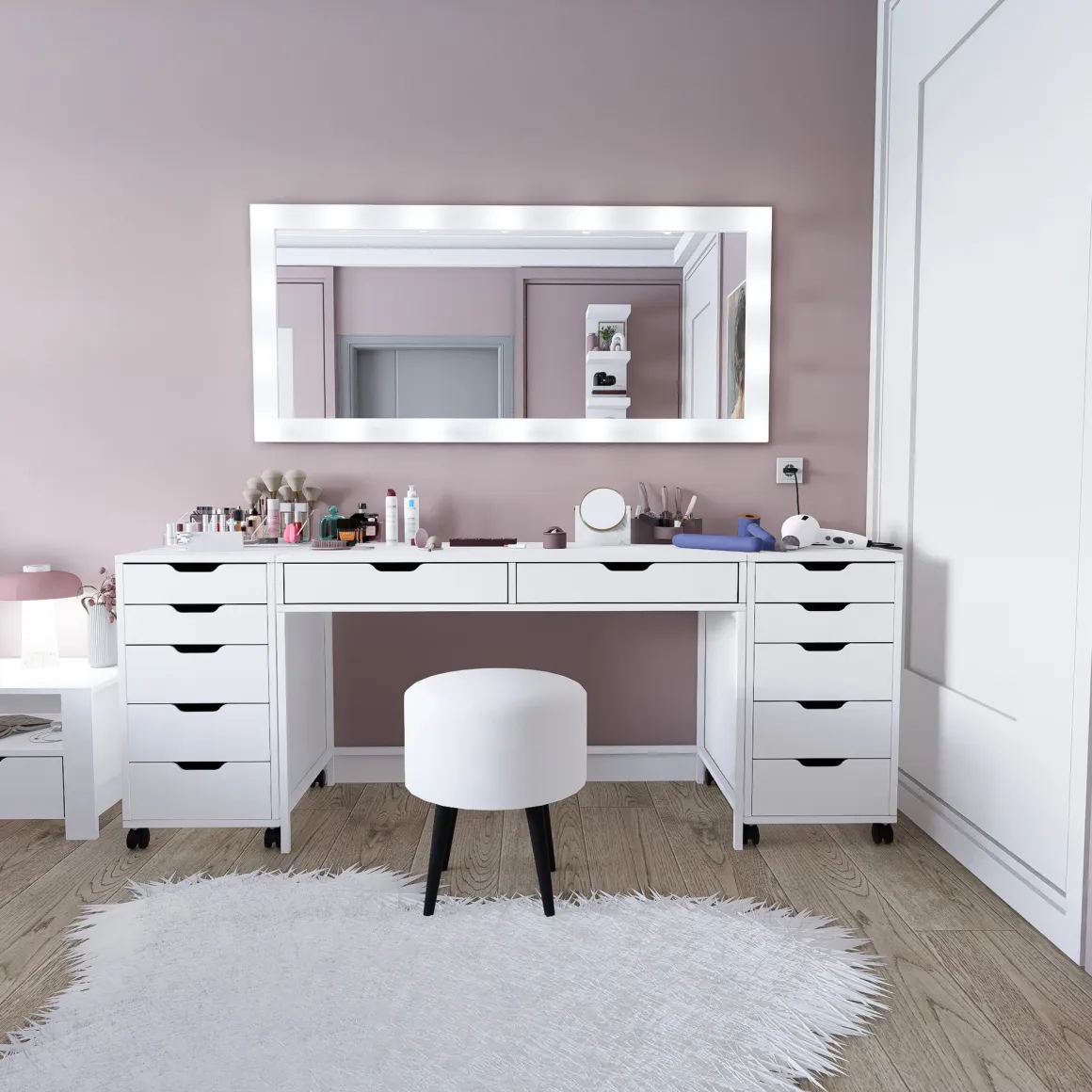 Toelette Trucco > Dmora Toeletta Bianco Nero Specchio Incluso 2 Cassetti 103x40x112h cm, Colore Struttura Nero - Longhena Nero, Bianco