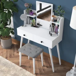 Toeletta Bianco Nero Specchio Incluso 2 Cassetti 103x40x112h cm, Colore Struttura Nero - Sutera