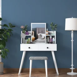 Toeletta Bianco Nero Specchio Incluso 2 Cassetti 103x40x112h cm, Colore Struttura Nero - Sutera