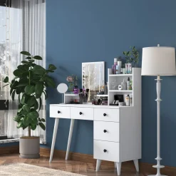 Toeletta Bianco Nero Specchio Incluso 5 Cassetti 125x40x94h cm, Colore Struttura Nero - Certaldo