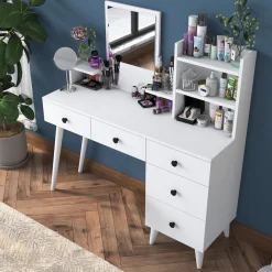 Toeletta Bianco Nero Specchio Incluso 5 Cassetti 125x40x94h cm, Colore Struttura Nero - Certaldo