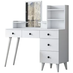 Toeletta Bianco Nero Specchio Incluso 5 Cassetti 125x40x94h cm, Colore Struttura Nero - Certaldo