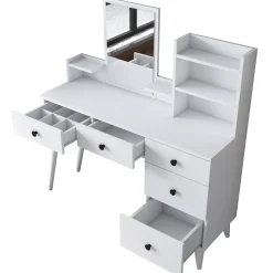 Toeletta Bianco Nero Specchio Incluso 5 Cassetti 125x40x94h cm, Colore Struttura Nero - Certaldo
