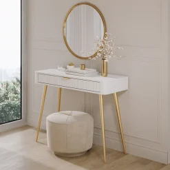 Toeletta Bianco oro un Cassetto Materiale Struttura in Metallo 100x38x78h cm, Materiale Piano in Legno Nobilitato - Katerara