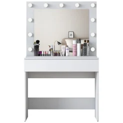 Toelette Trucco > Dmora Toeletta Specchio Incluso un Cassetto 90x45x77h cm, Luci Incluse - Veggiano Bianco
