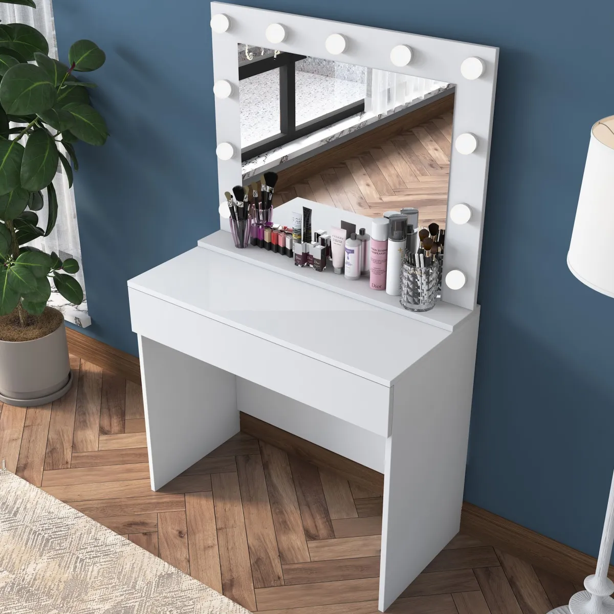 Toelette Trucco > Dmora Toeletta Specchio Incluso un Cassetto 90x45x77h cm, Luci Incluse - Veggiano Bianco