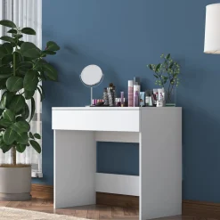 Toeletta Bianco Specchio Incluso un Cassetto 90x45x77h cm, Materiale Piano in Legno Nobilitato - Fele