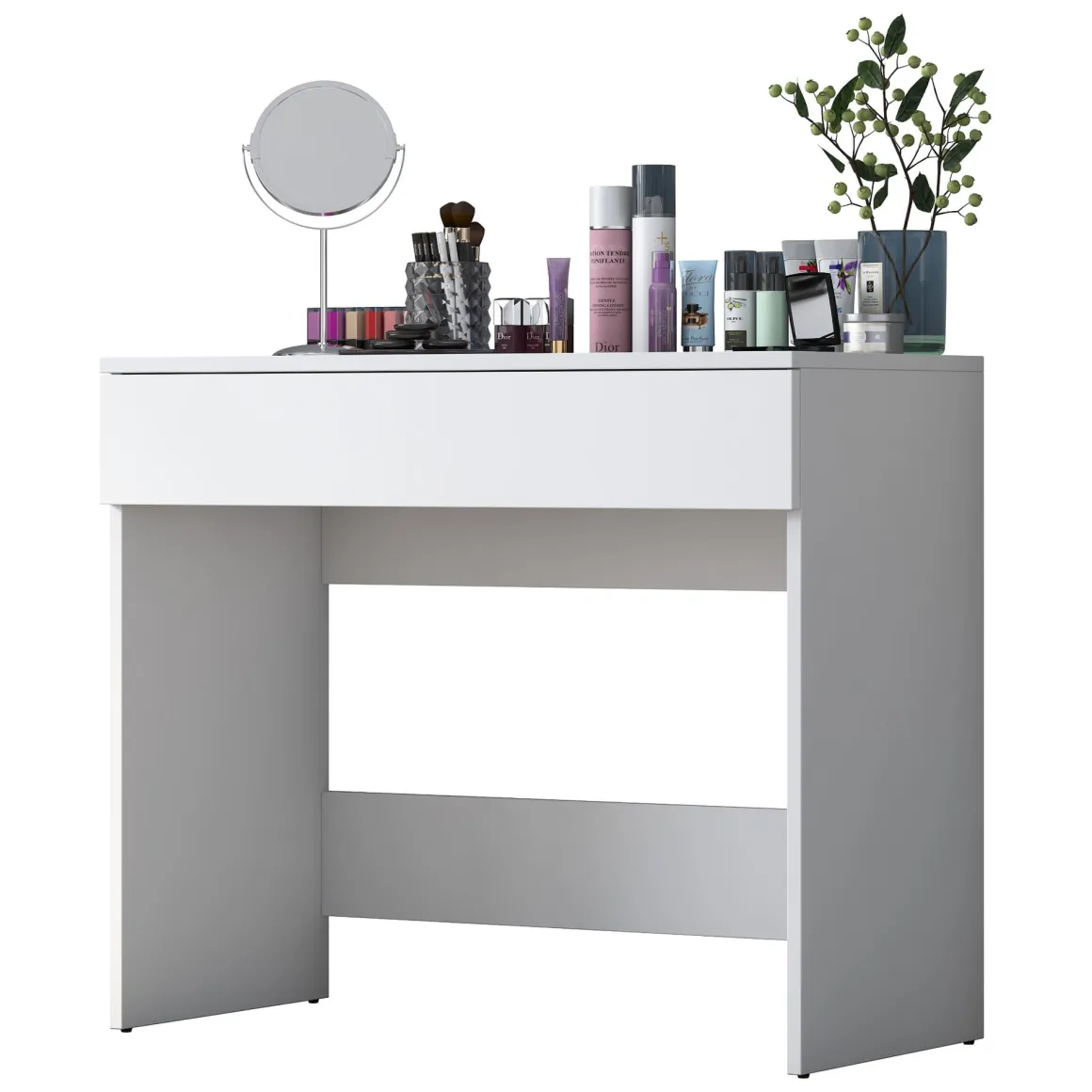 Toeletta Bianco Specchio Incluso un Cassetto 90x45x77h cm, Materiale Piano in Legno Nobilitato - Fele