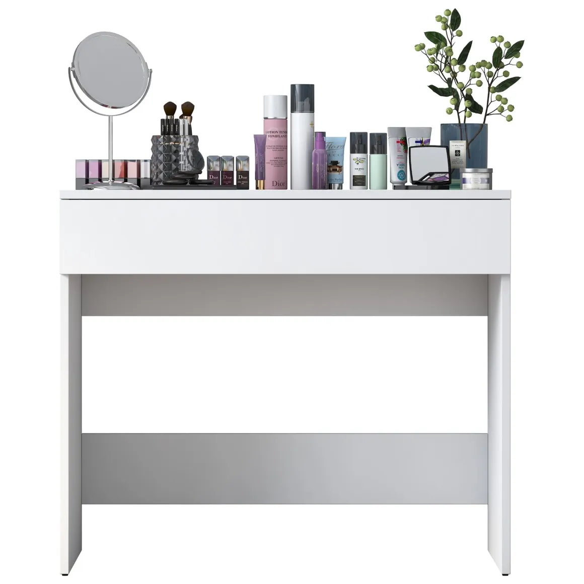 Toeletta Bianco Specchio Incluso un Cassetto 90x45x77h cm, Materiale Piano in Legno Nobilitato - Fele