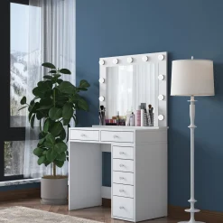 Toeletta Bianco Trasparente Specchio Incluso 7 Cassetti 90x45x153h cm, Luci Incluse - Cocchiara