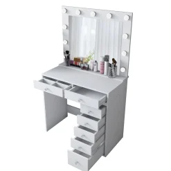 Toeletta Bianco Trasparente Specchio Incluso 7 Cassetti 90x45x153h cm, Luci Incluse - Cocchiara