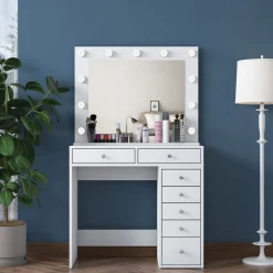 Toelette Trucco > Dmora Toeletta Bianco Trasparente Specchio Incluso 7 Cassetti 90x45x82h cm, Colore Struttura Trasparente - Rivello Trasparente, Bianco