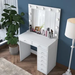 Toelette Trucco > Dmora Toeletta Bianco Trasparente Specchio Incluso 7 Cassetti 90x45x82h cm, Colore Struttura Trasparente - Rivello Trasparente, Bianco