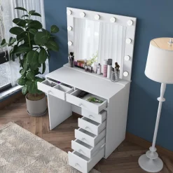 Toelette Trucco > Dmora Toeletta Bianco Trasparente Specchio Incluso 7 Cassetti 90x45x82h cm, Colore Struttura Trasparente - Rivello Trasparente, Bianco