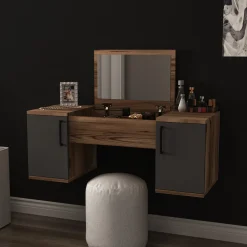 Toelette Trucco > Dmora Toeletta Marrone Noce Nero Antracite Specchio Incluso 3 Ante 100x36x74h cm, Colore Ripiano Marrone - Ruviano Nero Antracite, Marrone Noce
