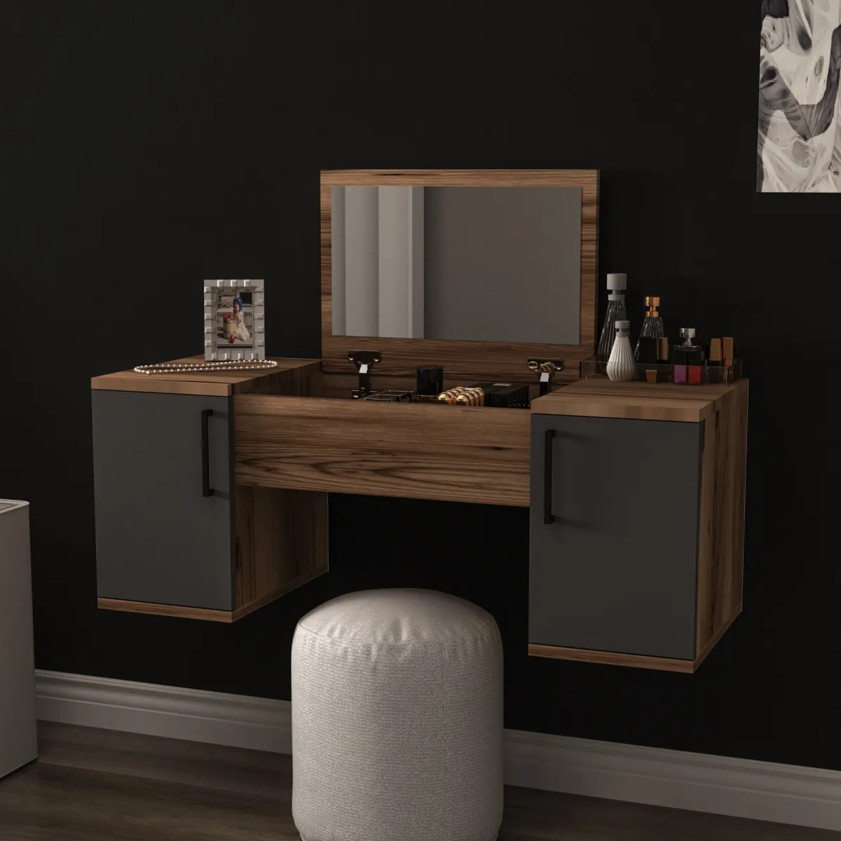 Toelette Trucco > Dmora Toeletta Marrone Noce Nero Antracite Specchio Incluso 3 Ante 100x36x74h cm, Colore Ripiano Marrone - Ruviano Nero Antracite, Marrone Noce