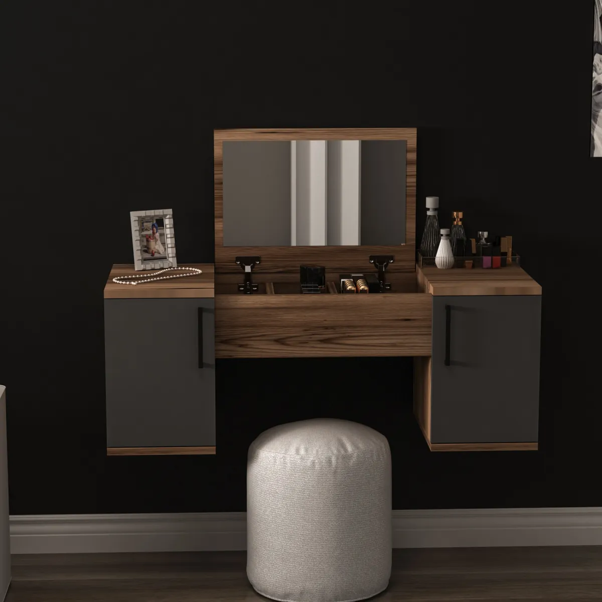 Toelette Trucco > Dmora Toeletta Marrone Noce Nero Antracite Specchio Incluso 3 Ante 100x36x74h cm, Colore Ripiano Marrone - Ruviano Nero Antracite, Marrone Noce