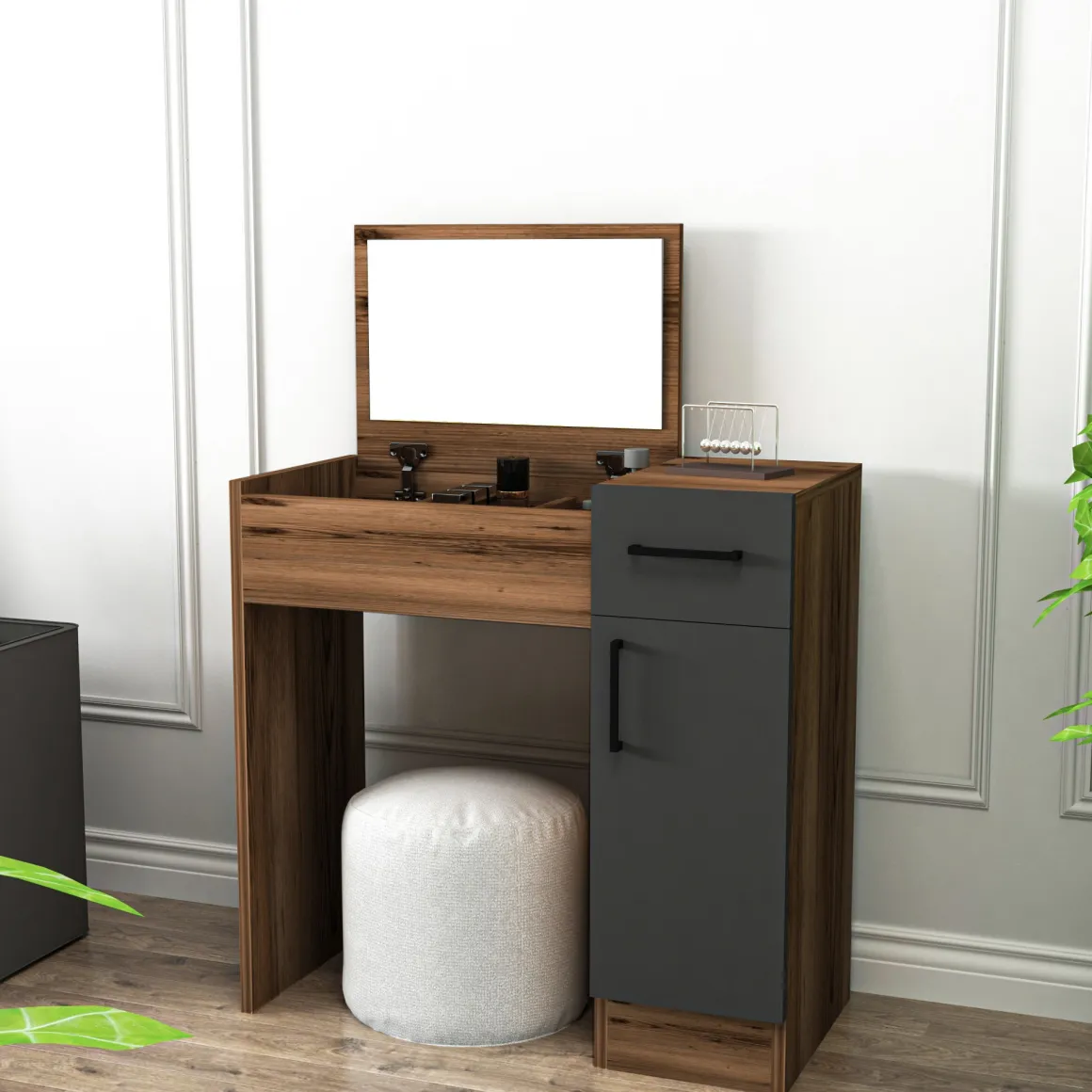 Toeletta Marrone Noce Nero Antracite Specchio Incluso un Cassetto 77x37x109h cm, 2 Ante - Rodano