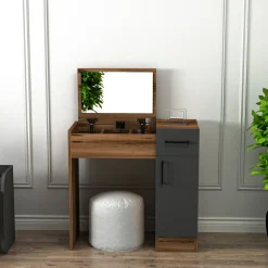 Toeletta Marrone Noce Nero Antracite Specchio Incluso un Cassetto 77x37x109h cm, 2 Ante - Rodano