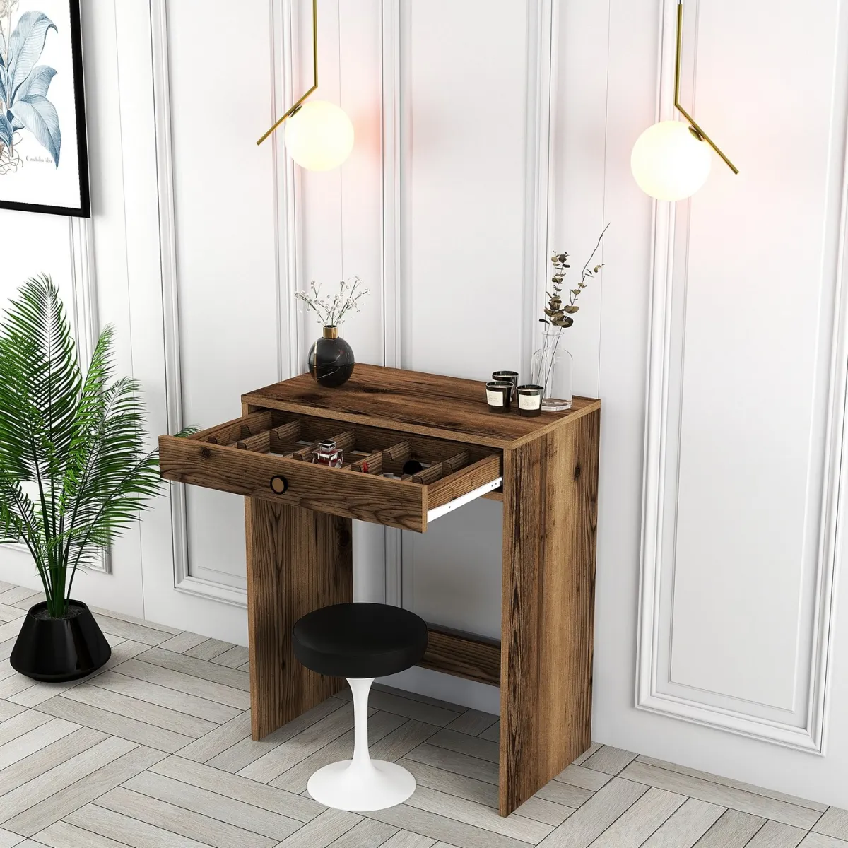 Toelette Trucco > Dmora Toeletta Specchio Incluso un Cassetto 70x85x40h cm, Materiale Piano in Legno Nobilitato - Carde Marrone Noce