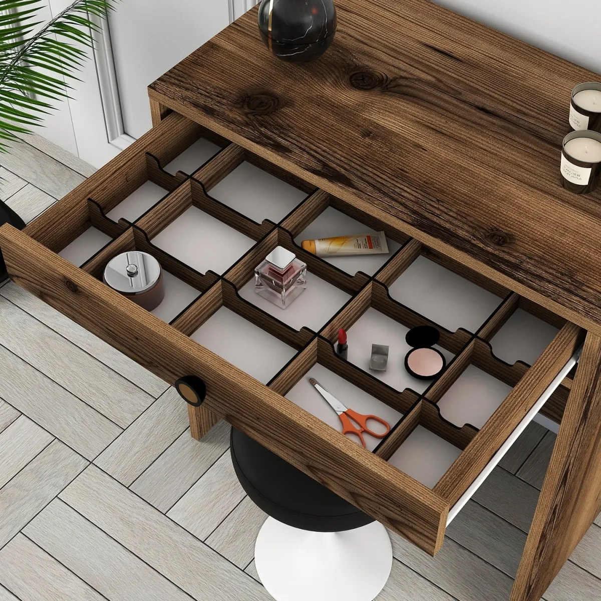 Toelette Trucco > Dmora Toeletta Specchio Incluso un Cassetto 70x85x40h cm, Materiale Piano in Legno Nobilitato - Carde Marrone Noce
